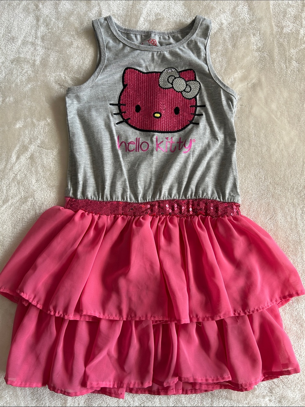 Hello Kitty Grey & Hot Pink Tiered Dress with Sequin Logo Size 10